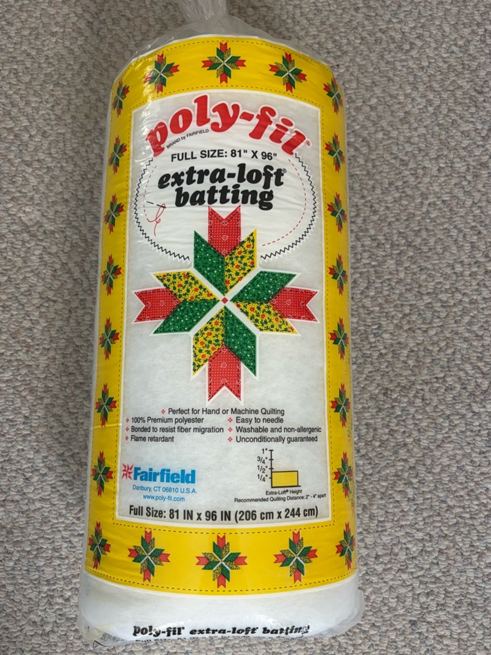 Poly-Fil Extra-Loft Batting - White. Full New Roll is 81” x 96”.